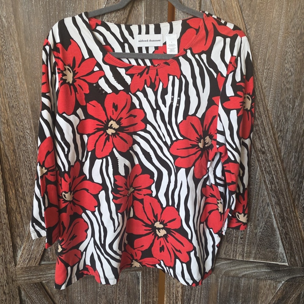 Alfred Dunner Shirt Womens Size Large Red Black White Floral Zebra Print Sequins